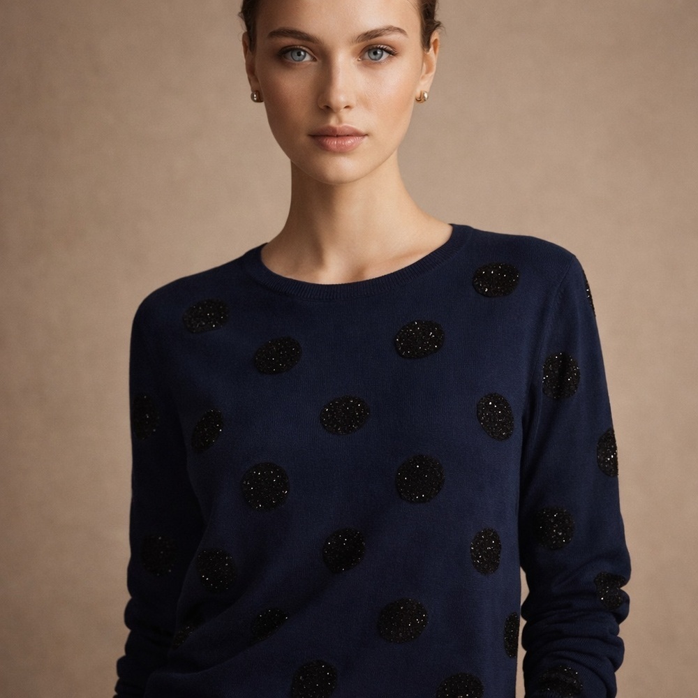 Alice + Olivia Navy Polka Dot Embellished Sweater | Chic Designer Knit XS
